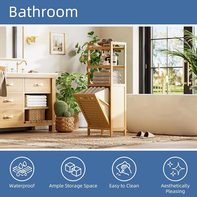 HITNET Tilt Out Laundry Hamper, Bamboo Laundry Basket with Foldable Bag and 3 Open Shelves, Freestanding Clothes Storage Organizer for Bedroom, Bathroom, Living Room, Natural - Image 4