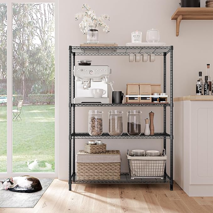 IZEUK 1400 LBS Garage Black Shelving Wide Storage Shelves 4 Tier Adjustable Heavy Duty Metal Wire Rack Standing Shelf Unit for Kitchen Office College Dorm Garage Warehouse 15.8" x 45.8"x 59.4" - Image 6