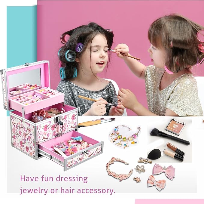 Hododou Girls Jewelry Box Organizer with Drawer & Mirror, Shiny Pink Style Lockable Storage Case for Kid or Little Girls Jewelry and Hair Accessories Pink Tower - Image 2