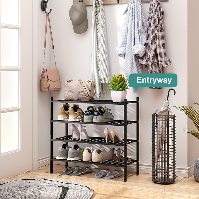 viewcare 4-Tier Black Bamboo Shoe Rack for Entryway, Stackable | Foldable | Natural, Shoe Organizer for Hallway Closet, Free Standing Shoe Racks for Indoor Outdoor - Image 2
