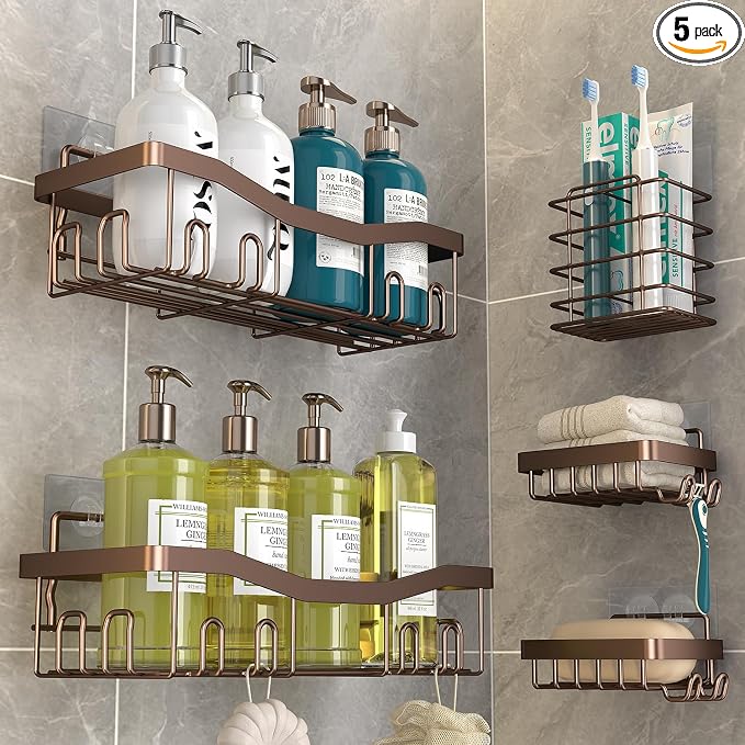 Youvip Adhesive Shower Caddy, No Drilling Bath Organizers 5 Pack, Rustproof Shelves with Soap Holder & Toothbrush Holder, Bathroom Organizers and Storage, Bronze by YOUVIP
