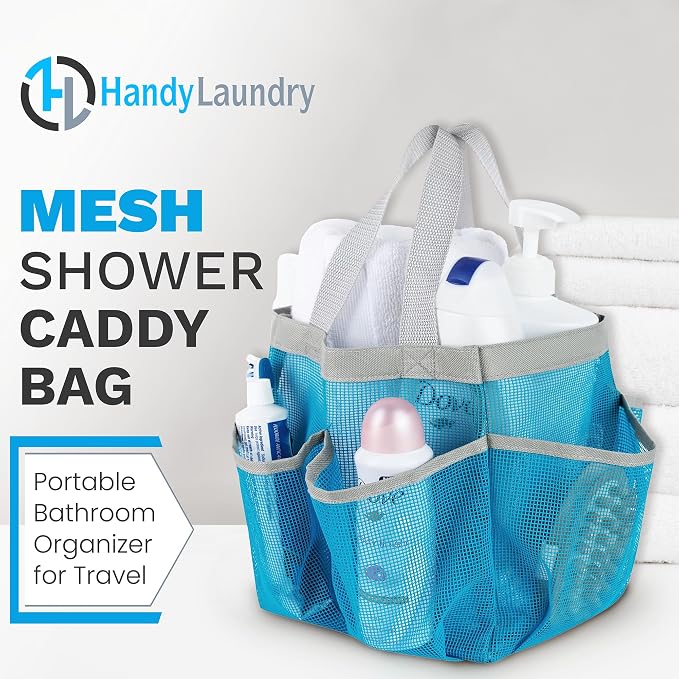 Handy Laundry Mesh Shower Caddy - 7 Pocket Portable Bathroom Organizer Tote for Travel, Gym & Dorm - Collapsible Small Shower Caddy Bag to Hold Toiletries & Essentials (Blue) - Image 2