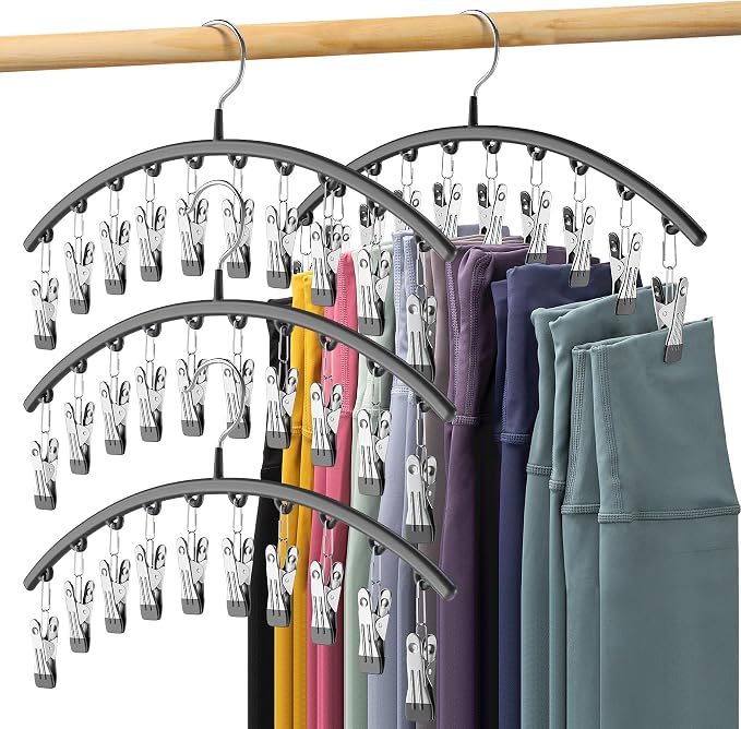 Legging Organizer for Closet, Metal Yoga Pants Hangers 4 Pack w/10 Clips Holds 40 Leggings, Space Saving Hanging Closet Organizer w/Rubber Coated Closet Organizers and Storage, Black by Volnamal