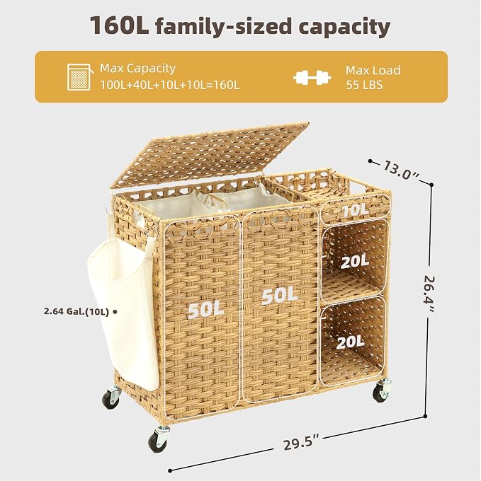 Laundry Hamper with Lid, 160L Rattan Wicker Laundry Basket with Wheels, Handwoven Laundry Hamper 2-Section with Storage shelf(42.3 Gal), Laundry Sorter Basket with Removable Liner, Natural HLH032N - Image 5
