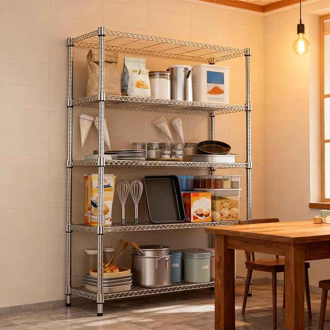 M MZG 1750LBS 47.2" W 5 Tiers Shelf Steel Storage Shelves Metal Shelving Unit Steel Organizer Wire Rack for Home,Kitchen,Office,Garage Chrome 17.7" D x 47.2" W x 72.4" H - Image 6