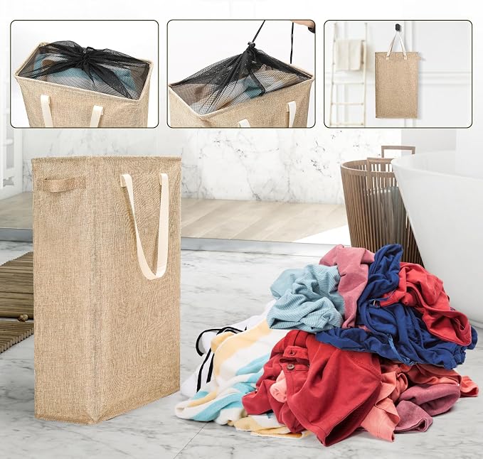 Odonata Slim Laundry Hamper Handles Collapsible Laundry Basket Thin Dirty Clothes Basket Narrow Laundry Bag Foldable Dirty Hamper 45L (Light Khaki) - Image 7
