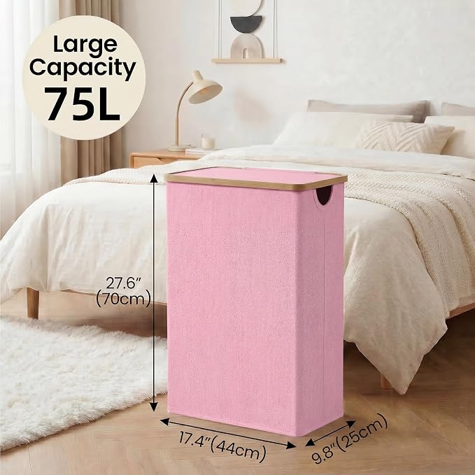 efluky Slim Laundry Basket with Lid, Narrow Laundry Hamper with Removable Bag, Skinny Dirty Clothes Basket with Bamboo Handles for Bathroom, Bedroom & Laundry Room, 75L Pink - Image 5