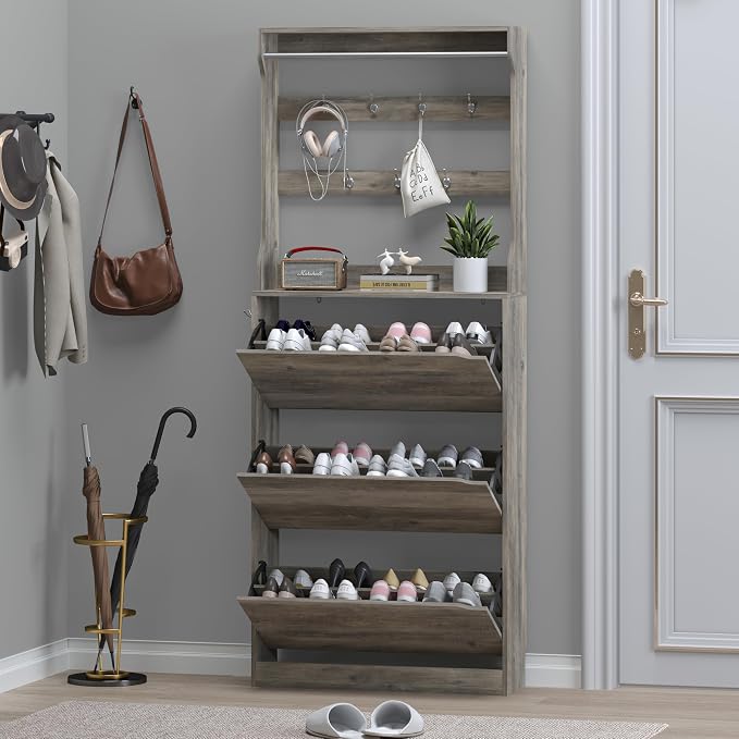 BORNOON Shoe Cabinet with 3 Flip Drawers & Coat Rack, Narrow Hidden Shoe Storage Cabinet, 2-in-1 Hall Tree Slim Freestanding Shoe Rack Organizer for Entryway, Hallway, and Living Room - Image 7