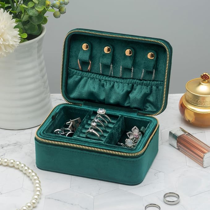 Velvet Travel Jewelry Organizer Box with Zipper Around Portable Accessory Display Tray Holder Storage Case for Multiple Earrings Rings Necklaces Bracelets (Green) - Image 7