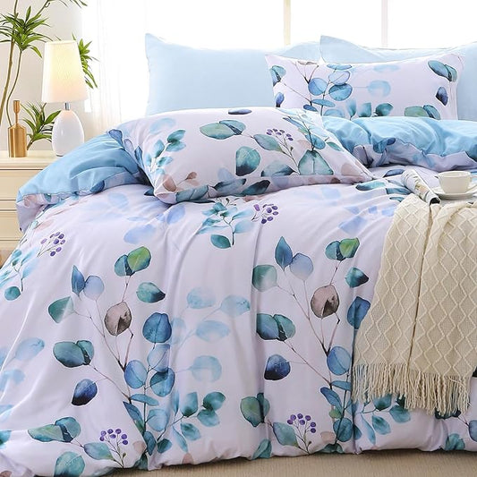 MUXHOMO Bed in a Bag King 7 Pieces, King Comforter Set Reversible Blue Botanical Flowers Design, Ultra Soft & Breathable Bedding Sets with Comforter, Sheets, Pillowcases & Shams