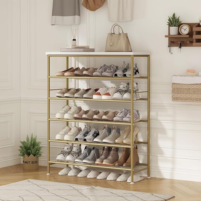 SUOERNUO Shoe Rack Organizer 6 Tier for Closet Entryway Free Standing Metal Storage Shoe Shelf with MDF Top Board，Gold - Image 4