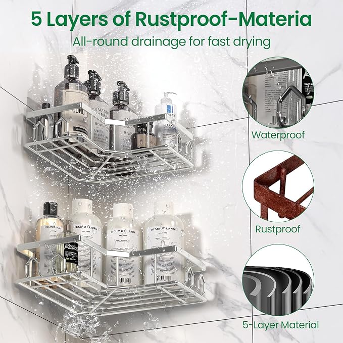 Adhesive Shower Caddy, 2 Pack Corner Bath Organizer, Rustproof Stainless Steel Shower Shelves with Large Capacity, No Drilling Shelves for Bathroom Storage, Home, Kitchen Decor (Silver). - Image 4