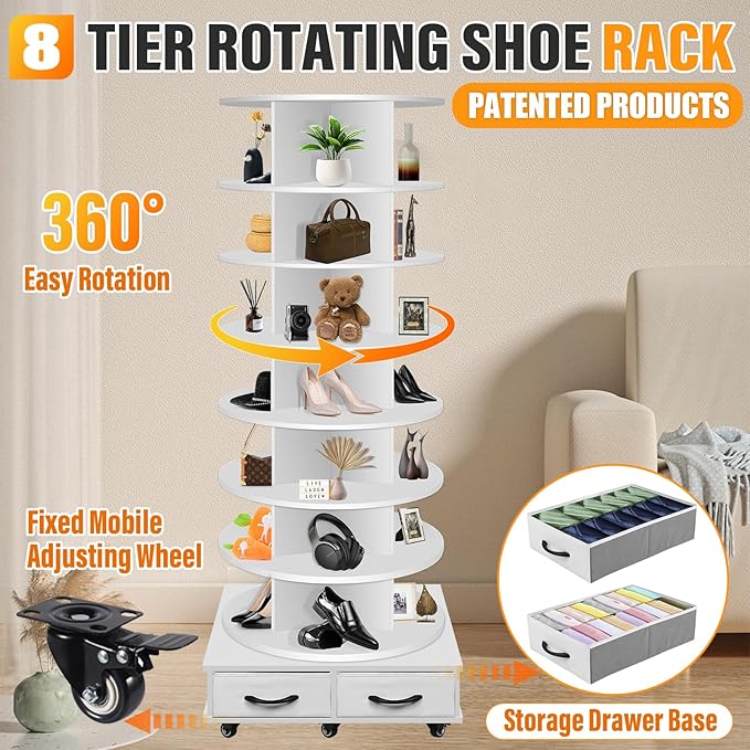 8 Tier Rotating Shoe Rack Tower contains 2 drawers, Spinning Shoe Rack Display Lazy Susan, Revolving 360 Shoe Racks Storage Round Carousel, Equipped with 5 Universal Wheels with Brake Function - Image 4