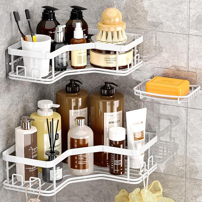 MAXIFFE 3 Pack X-Large Corner Shower Caddy with Soap Holder, Large Capacity Sturdy Easy Install No Drilling Stainless Steel Hold 40 LB Shower Organizer Shelves Rack for Family Renters Bathroom, White by MAXIFFE