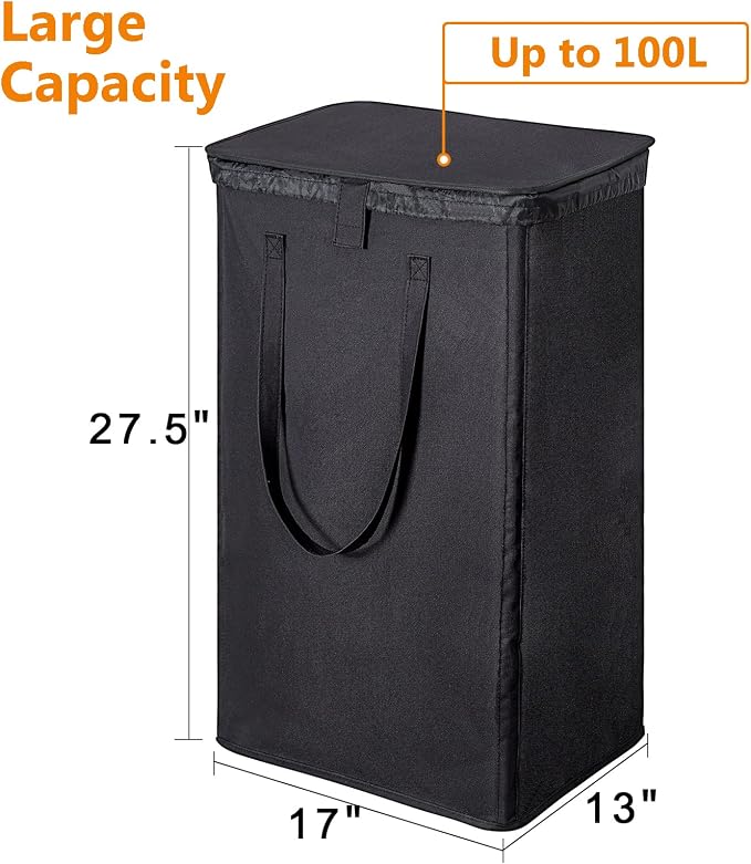 WOWLIVE 100L Laundry Hamper with Lid, Large Foldbale Laundry Basket with 2 Removable Bags and Handles, Tall Collapsible Dirty Clothes Hamper for Laundry Room, Bathroom, Dorm (Black) - Image 4
