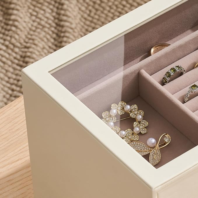 pickpiff Jewelry Box Organizer Case for Women: 5-Layer Jewelry Storage Case with Glass Window, Ivory Leather with Pink Velvet, Holder for Ring Necklace Bracelet Brooch Watch, Great Gift for Her - Image 4