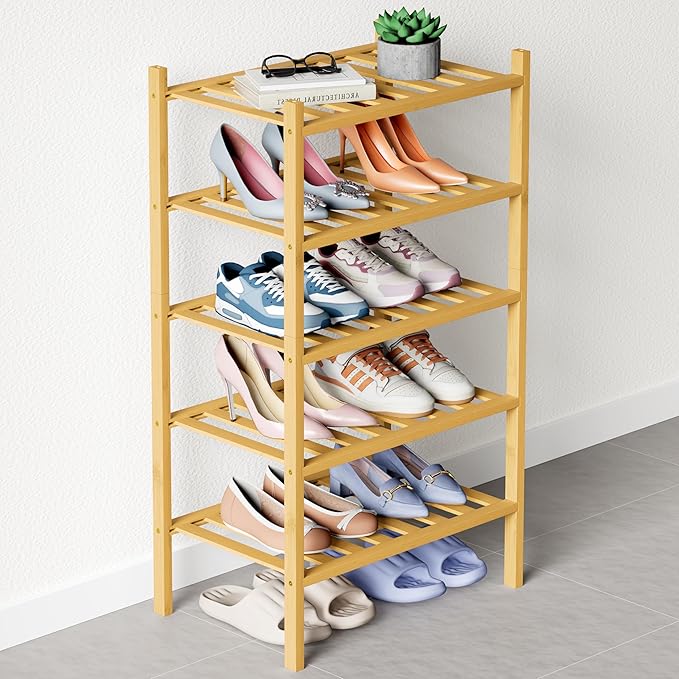 Smiry Bamboo Shoe Rack for Closet, 5 Tier Small Wooden Stackable Shoe Organizer, Free Standing Shoes Storage Shelf for Entryway, Front Door Entrance, Natural by Smiry