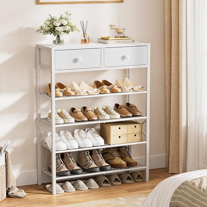 Shoe Rack for Entryway, 5 Tier Shoe Organizer with 2 Non-Woven Drawers, Metal Storage Shoe Shelf for 16-20 Pairs of Shoes, with Wooden Top and Steel Frame, Shoe Stand for Closet Greige - Image 2