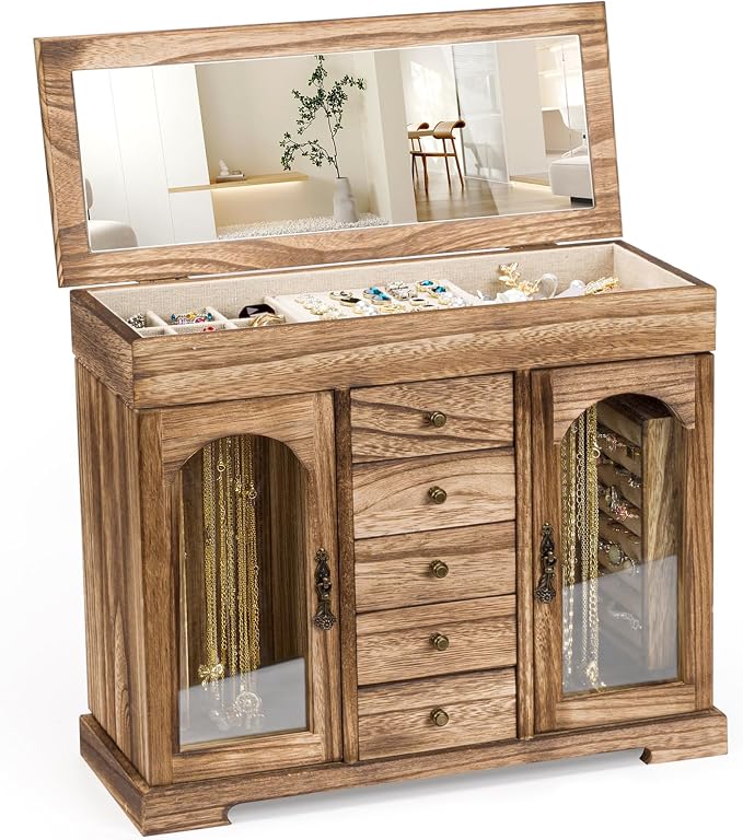 Miratino Jewelry Box for Women Girls, Rustic Wooden Jewelry Organizer Box with Mirror, 5 Layer Jewelry Storage Case Display for Necklaces Earrings Rings Bracelets Valentine's Day Gifts by Sayhellotogoodlife