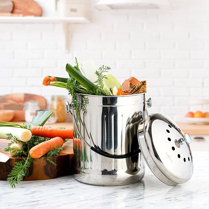 RED FACTOR Premium Compost Bin for Kitchen Countertop - Stainless Steel Food Waste Bucket with Innovative Dual Filter Technology - Includes Spare Filters (Brilliant Steel, 1.3 Gallon) - Image 4