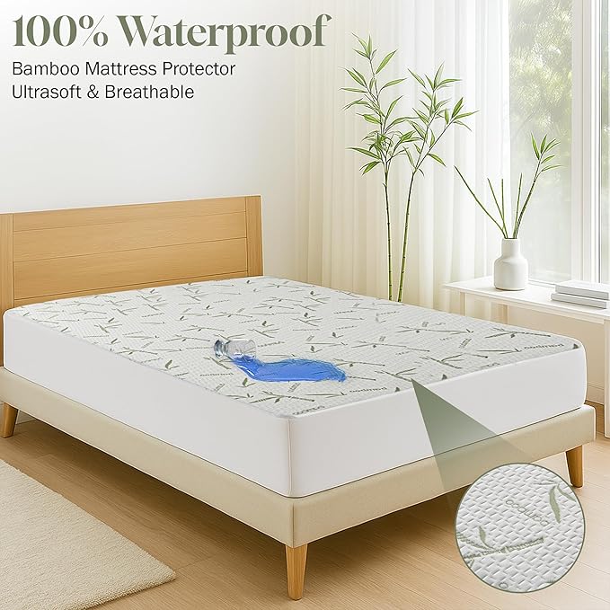 Hannah Linen Viscose derived from Bamboo Cooling Mattress Protector, 100% Waterproof - Soft and Breathable, 280 GSM Fitted Style Mattress Cover, 16 Inches Deep Pocket - Full, 75x54 - (2 Pack)
