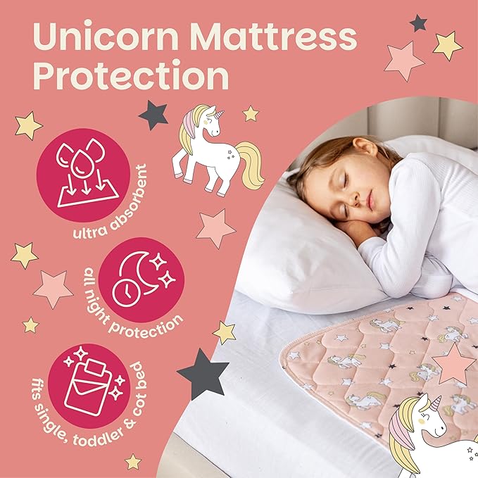 Lynmark® Potty Training Mattress Protector Pee Pads for Kids - Waterproof Toddler Bed Wetting Mat for Toilet Training - Non-Slip Washable Bedwetting Topper Absorbs Up to 2000ml - 35" x 33", Unicorn