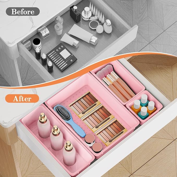 SpaceHacks 25 PCS Plastic Drawer Organizer Set, 4-Size Versatile Organizer Trays & Storage Bins for Makeup, Jewelry, and Gadgets in Bathroom, Bedroom and Office, Pink - Image 4