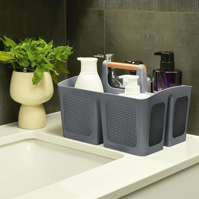 ALINK Portable Shower Caddy Basket with Compartments, Plastic Divided Cleaning Caddy Organizer Storage Tote with Handle for Bathroom, College, Dorm Room Essentials, Dark Gray - Image 3