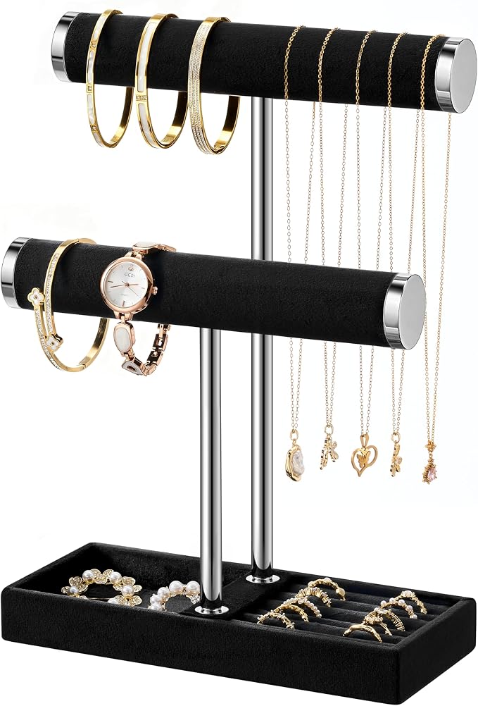 bussdis 2 Tier Bracelet Holder Display - Detachable T Bar Black and Silver Velvet Bracelet Holder, Jewelry Holder Organizer for Bracelet, Necklace, Earrings, Rings by BUSSDIS