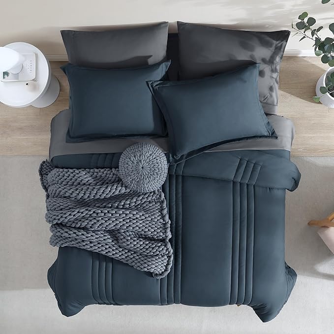 Monbix Oversized King Size Comforter Set - 7 Pieces Blue Gray Bed in a Bag Oversized King Bedding Sets with Comforter, All Seasons Comforter Bed Set with Sheets, Pillowcases & Shams