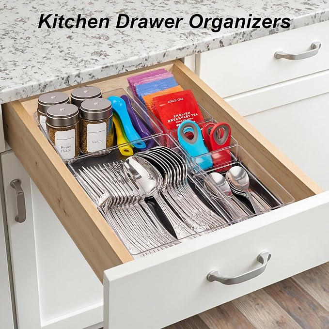 SMARTAKE 7-Piece Drawer Organizer with Non-Slip Silicone Pads, 4-Size Desk Drawer Organizer Trays Storage Tray for Makeup, Jewelries, Utensils in Bedroom Dresser, Office and Kitchen (Clear) - Image 8