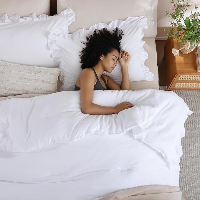 JANZAA Comforter Set Full Size White Comforter Set Ruffled Soft Vintage Farmhouse Bed Set Fluffy 3PCS Shabby Chic Bedding with 2 Pillowcases