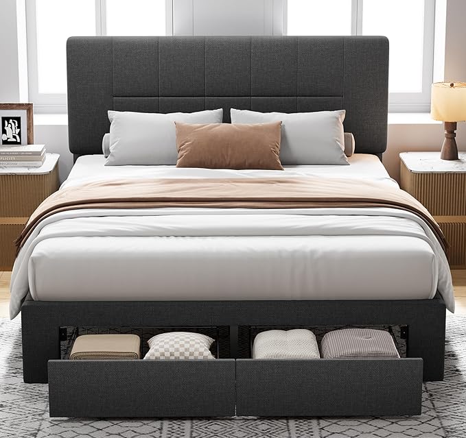 Pipishell Full Bed Frame with 2 Storage Drawers, 12 Sturdy Legs, Solid Wooden Bed Base with Upholstered Headboard for 6″ to 14″ Mattresses, 1300 lbs High Weight Capacity, Easy Assembly, Dark Gray
