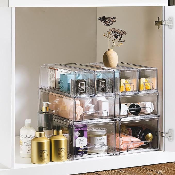 Sorbus Small Clear Stackable Storage Drawers – 4-Pack Plastic Organizer Bins with Handles – Stackable Pull-Out Storage Drawers for Closet, Pantry, Office, Bathroom, Craft, and Toy Organization - Image 6