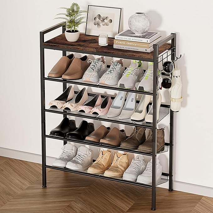 5 Tier Shoe Rack, Shoe Rack for Entryway with Hook, Shoe Organizer with Adjustable Mesh Shelves, Metal Shoe Storage, Closet, Bedroom Living Room Garage by Unknown