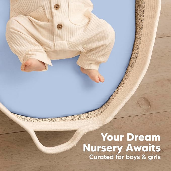 2-Pack Baby Bassinet Sheets Girl, Boy - 33x17 Viscose Derived from Bamboo Bedside Mattress Fitted Bassinet Sheets, Compatible with Halo Bassinest Swivel Sleeper, Baby Delight, Graco (Blue Flax)