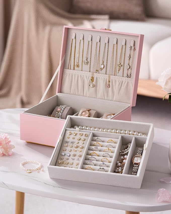 pickpiff 2 Layer Jewelry Box Organizer for Women, Jewelry Organizer with Handle & Removable Tray, Necklace Holder Ring Earring Storage, Velvet Lined Jewelry Case for Home or Travel, Gift Ready, Pink - Image 4