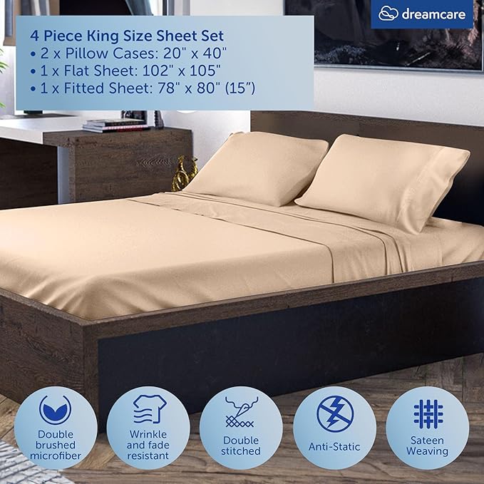 DREAMCARE King Size Sheets Set – 4 pcs Super Soft & Lightweight Cooling Sheets – up to 21” Deep Pocket King Sheet Set – Hotel Luxury Sheets & Pillowcases – 100% Fine Microfiber with Side Pocket, Wheat