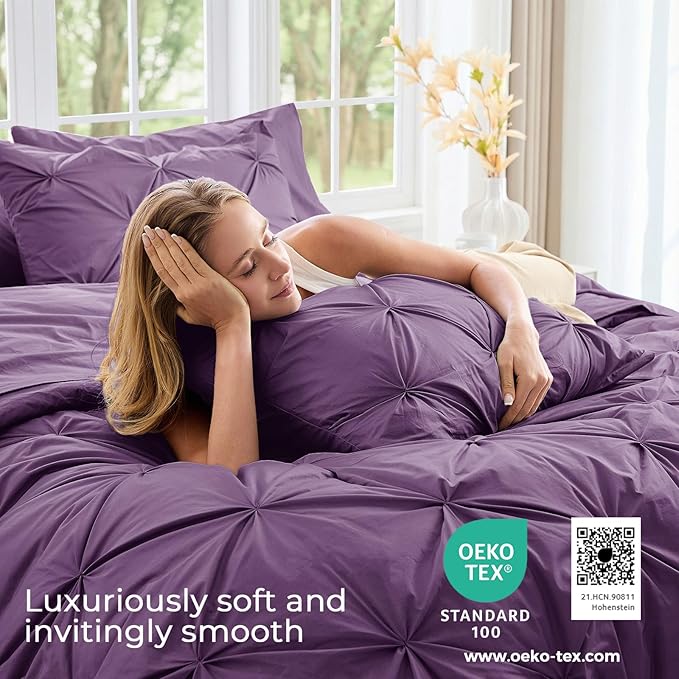 Sasttie Twin Comforter Set, 5-Piece Bed in a Bag, Pintuck Bedding Sets for All Season, Includes Comforter, Flat Sheet, Fitted Sheet, Pillowcase and Pillowsham, Grape Purple