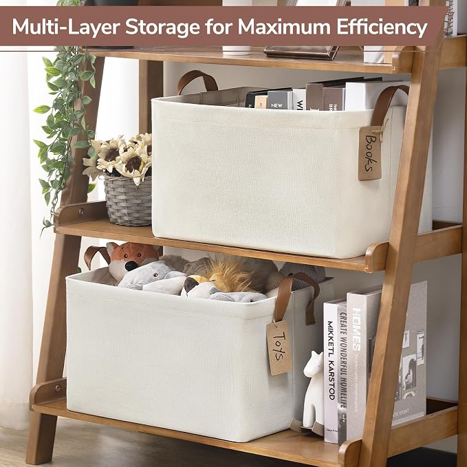 CHICVITA 4 Pack Large Storage Baskets for Shelves, Collapsible Closet Organizer Bins with Metal Frame, Fabric Storage Bins for Clothes Towels Organization, 16.8" x 11" x 9.8", Beige - Image 6