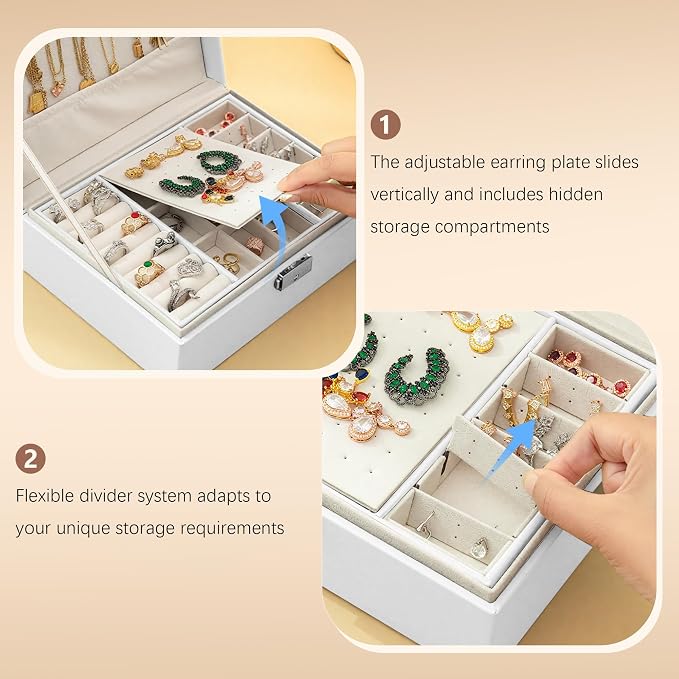 Homeanda Jewelry box 2 layer Jewelry box Leather Jewelry boxes for Women Girls Teens Jewelry organizer box Jewelry Storage box with lock(White) - Image 6