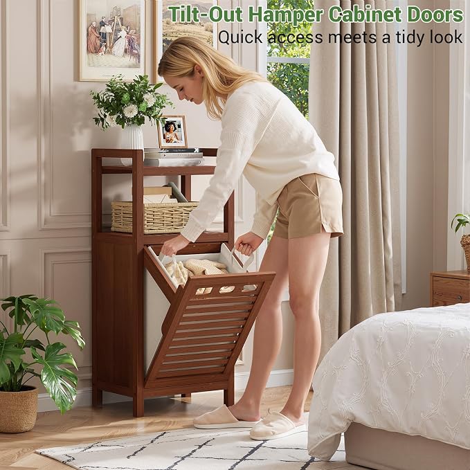 Homykic Tilt Out Laundry Hamper, 10 Gal Bamboo Laundry Storage Cabinet with Removable Basket, Hidden Hamper Organizer with Shelf for Dirty Clothes, Bathroom, Laundry Room, Space Saving, Walnut - Image 3