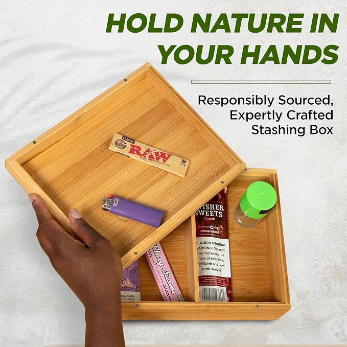Subtle Rolling Tray Stash Box - Large Bamboo Box w/Ample Storage Space to Organize Herb Accessories - Comes with Convertible Rolling Tray Lid - (10" x 8" x 3.5") - Image 4