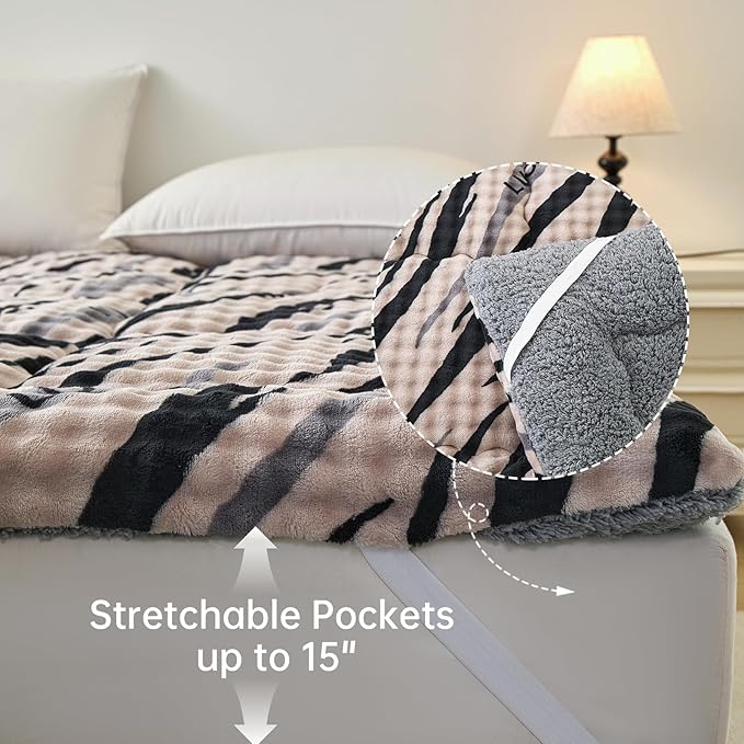 Mattress Topper Queen Size 60 x 80 inches, Warm Thicken Velvet Queen Mattress Pad Breathable and Comfortable with 4 Elastic Band, Deep Pocket Stretchable up to 15 inches Washable, Brown Leopard