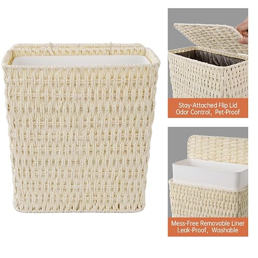 Coeusy 3 Gallon Paper Rope Bathroom Trash Can,Small Wicker Trash Cans with Lid and Liner,Woven Rattan Narrow Waste Basket for Bedroom,Office,White - Image 7