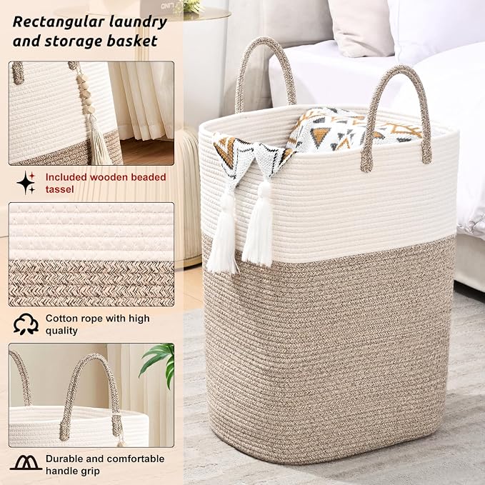 Woven Laundry Basket for Clothes, 100L Large Rectangle Laundry Hampers with Beads Tassel, Nursery Storage Basket for Toys, Tall Dirty Clothes Hamper for Bedroom Aesthetic, Laundry Room Organization - Image 8
