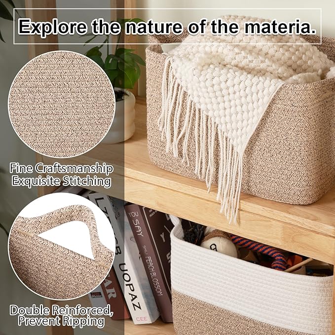 OIAHOMY Woven Storage Basket for Shelves, Rectangle Cotton Rope Baskets for Organizing, 13 x 10 x 9 in, Storage Bins for Dog Toys,Towel,Books,Gift,Brown - Image 4