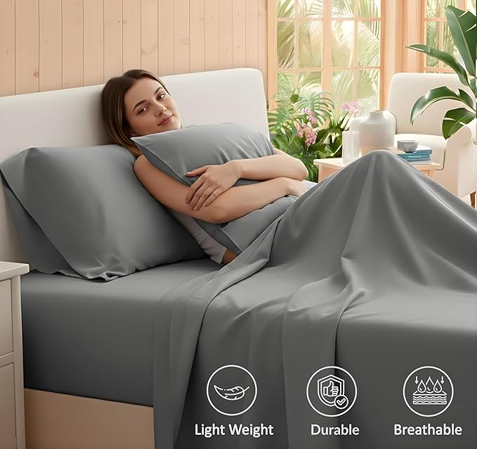 RUVANTI 100% Cotton Sheets – Full Size Percale Bedding, Cooling & Breathable, Durable with a Crisp, Soft & Comfortable Feel, 16" Deep Pocket, 4-Piece Set, Mist Grey