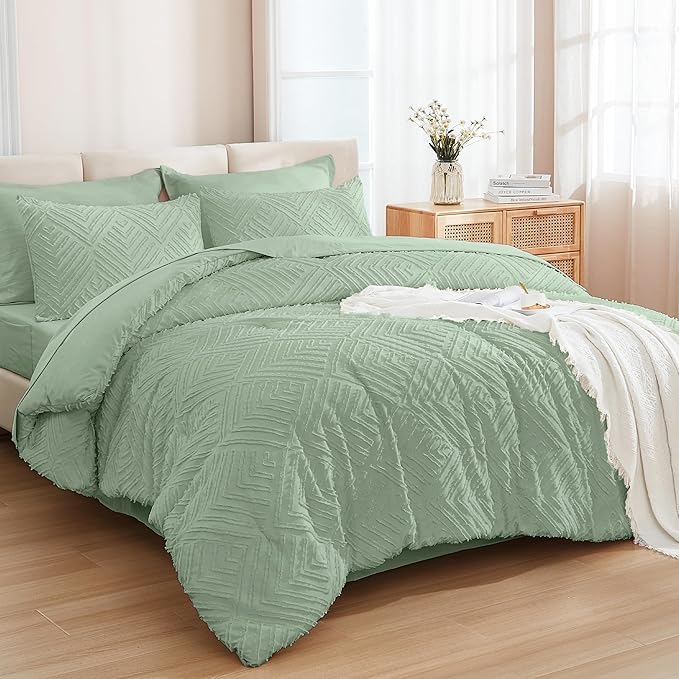 Andency Oversized King Size Comforter Set 7 Pieces Sage Green - Bed in a Bag Oversized King Boho Lightweight Fluffy Tufted Bedding Sets with Comforter, Sheets, Pillowcases & Shams