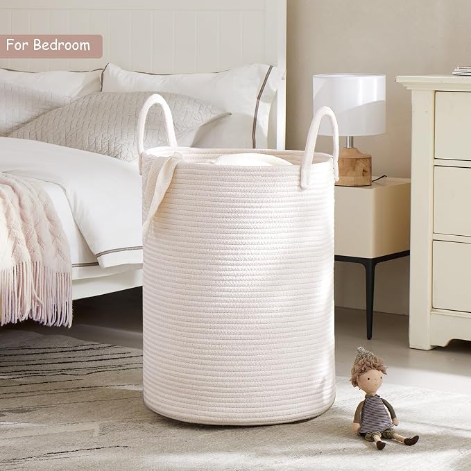 80L Extra Large White Hamper Tall Woven Laundry Basket Cotton Rope Blanket Basket for Living Room Clothes Hamper in Bedroom 16"L x 16"W x 22"H - Image 2
